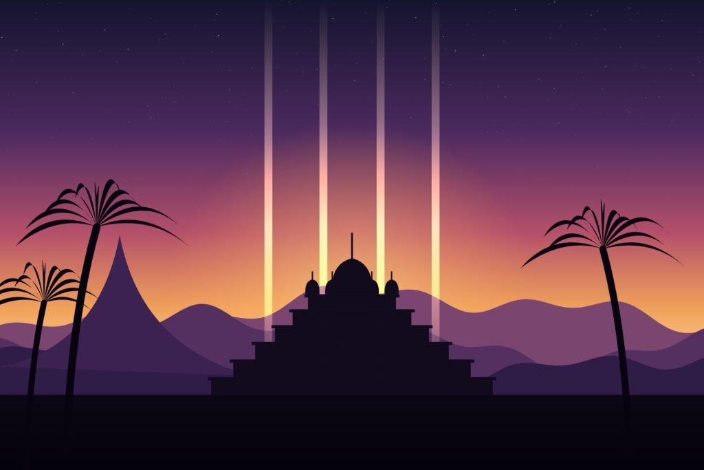 Ilustrasi candi bertingkat di senja Nusantara dengan empat berkas cahaya menjulang