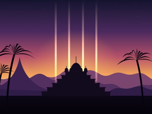 Ilustrasi candi bertingkat di senja Nusantara dengan empat berkas cahaya menjulang